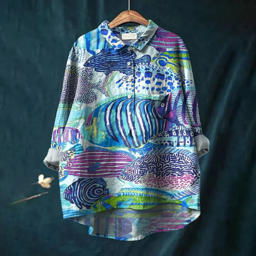 Women'S Vintage Fish Art Watercolor Painting Casual Shirt