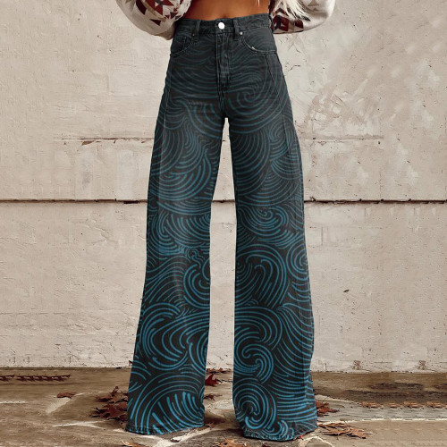 Women'S Vintage Waves Print Casual Wide Leg Jeans