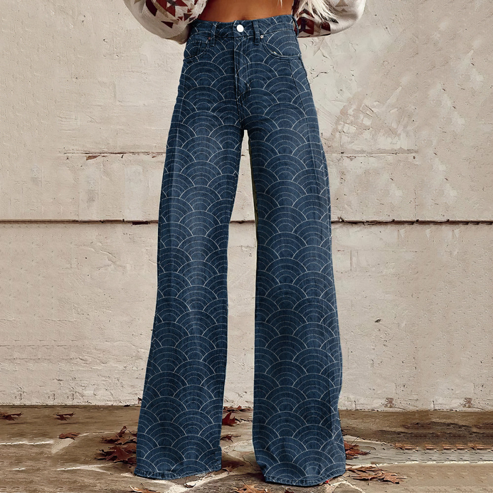 Women'S Vintage Waves Print Casual Wide Leg Jeans