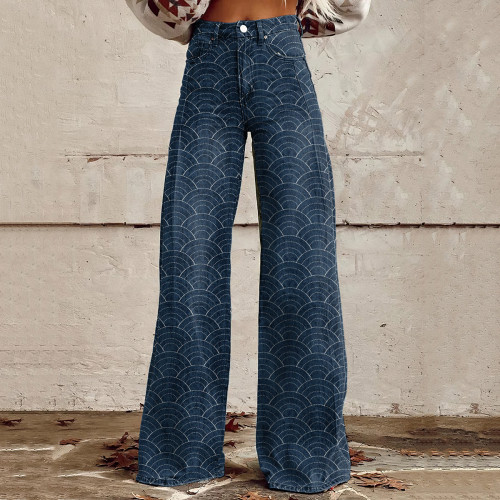 Women'S Vintage Waves Print Casual Wide Leg Jeans