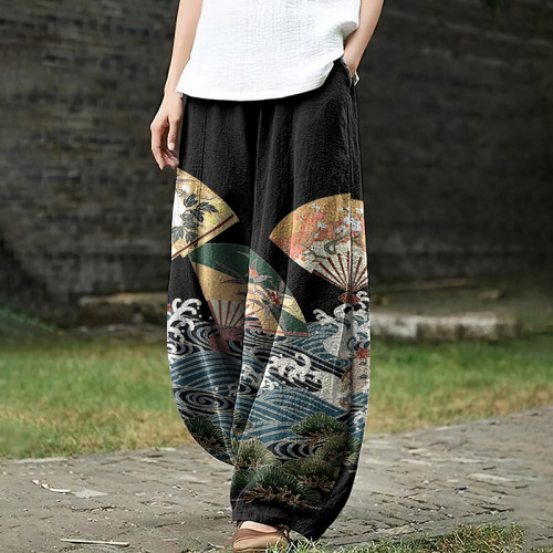 Women'S Wave Flower Fan Japanese Art Print Pants