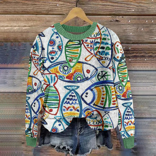 Women's Casual Fish Print Long Sleeve Sweater