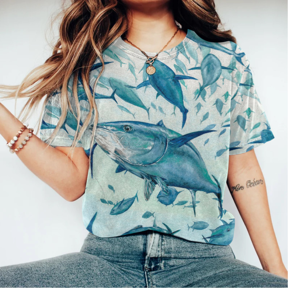 Women's Casual Funny Fish Art Print T-Shirt