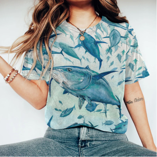 Women's Casual Funny Fish Art Print T-Shirt