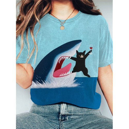 Women's Casual Funny Shark Cat Print T-shirt