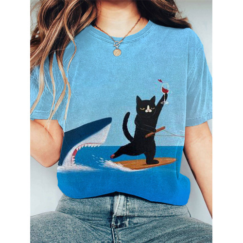 Women's Casual Funny Shark Cat Print T-shirt