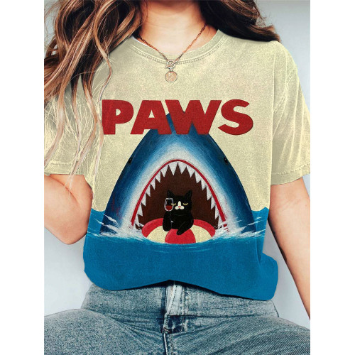 Women's Casual Funny Shark Cat Print T-shirt