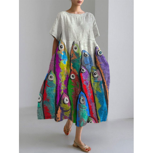 Women's Casual Japanese Art Ocean Fish Print Dress