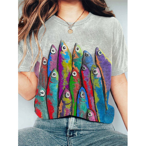 Women's Casual Japanese Art Ocean Fish Print T-shirt