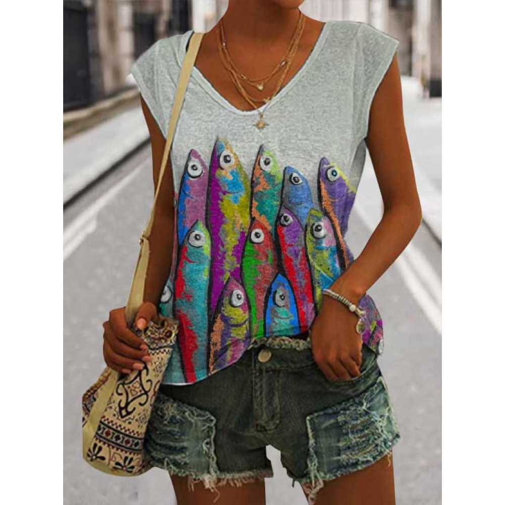 Women's Casual Japanese Art Ocean Fish Print Vest