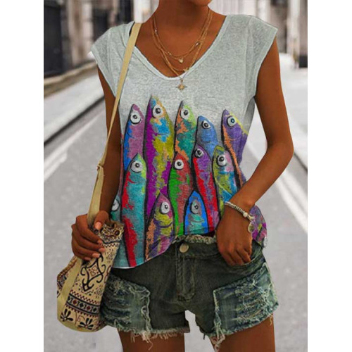 Women's Casual Japanese Art Ocean Fish Print Vest