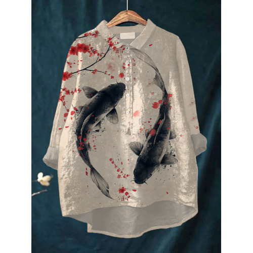 Women's Casual Japanese Art Ocean Koi Carp Print Shirt