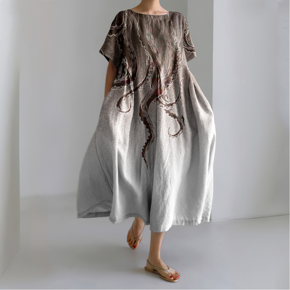 Women's Casual Japanese Art Ocean Octopus Legs Print Dress