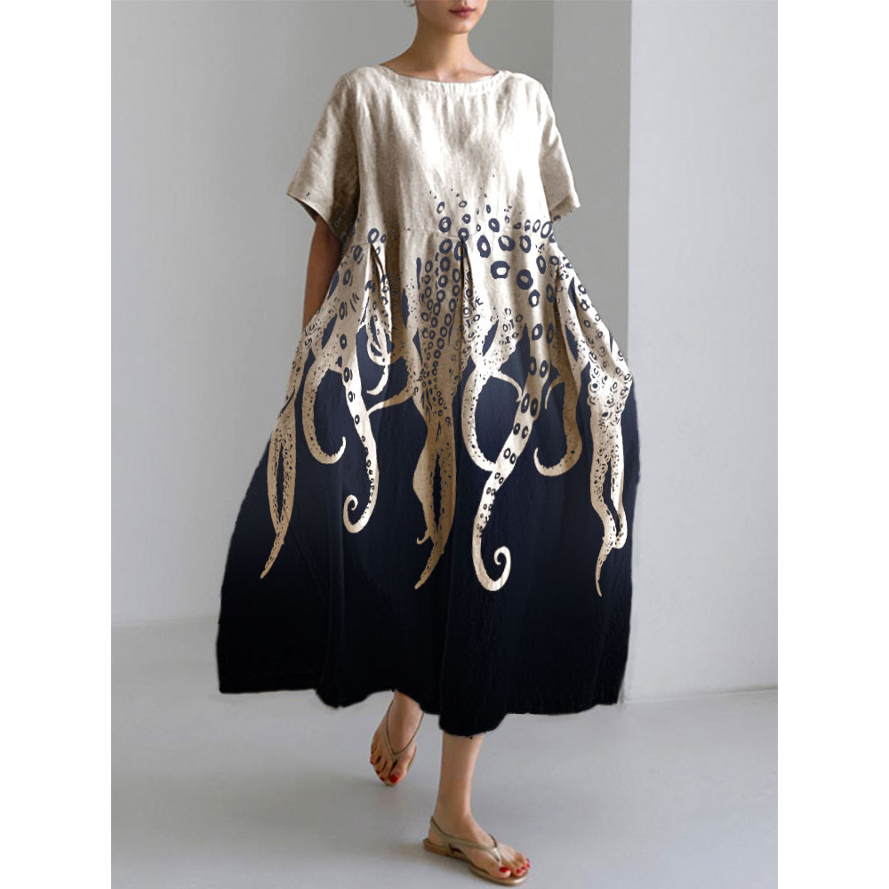 Women's Casual Japanese Art Ocean Octopus Print Dress