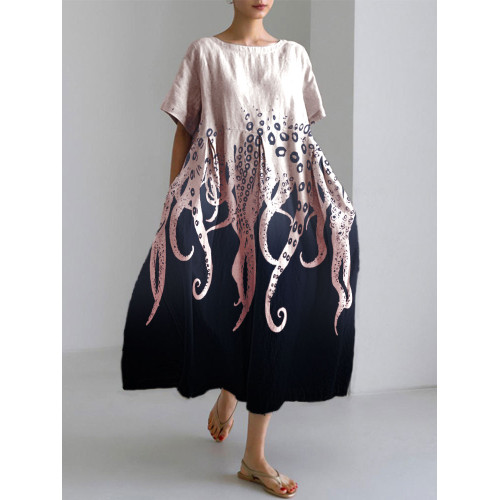 Women's Casual Japanese Art Ocean Octopus Print Dress