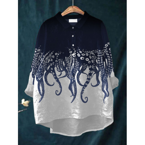 Women's Casual Japanese Art Ocean Octopus Print Shirt