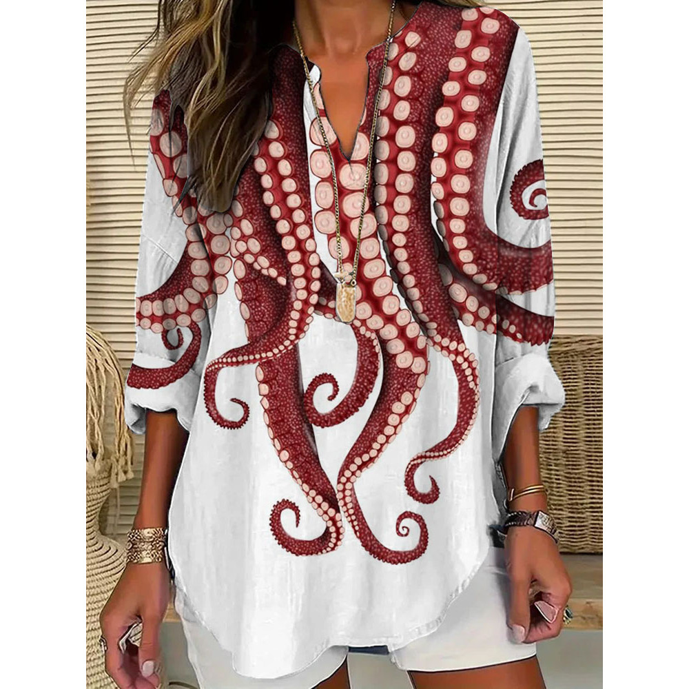 Women's Casual Japanese Art Ocean Octopus Print T-shirt