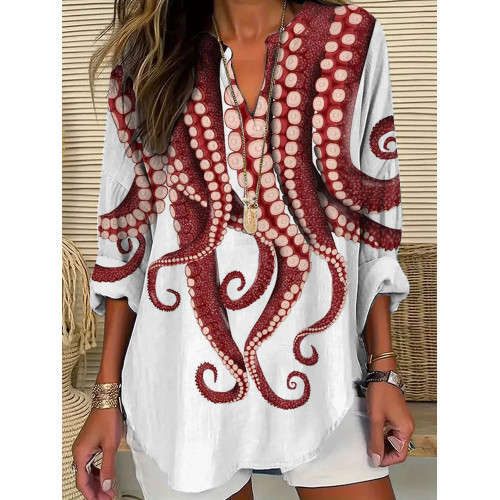 Women's Casual Japanese Art Ocean Octopus Print T-shirt