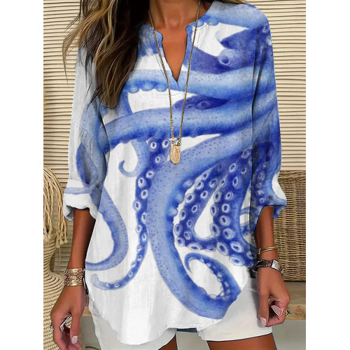 Women's Casual Japanese Art Ocean Octopus Print T-shirt