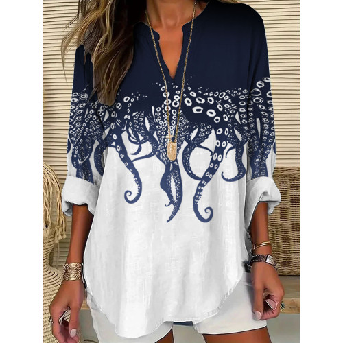 Women's Casual Japanese Art Ocean Octopus Print T-shirt