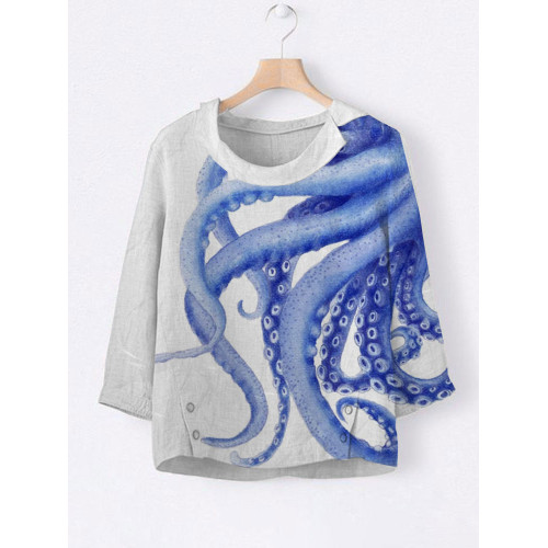 Women's Casual Japanese Art Ocean Octopus Print Top