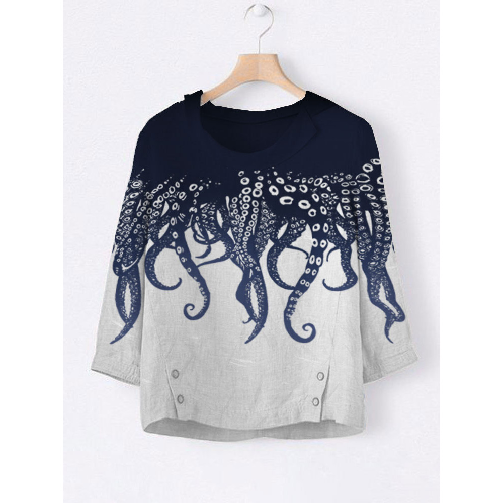 Women's Casual Japanese Art Ocean Octopus Print Top