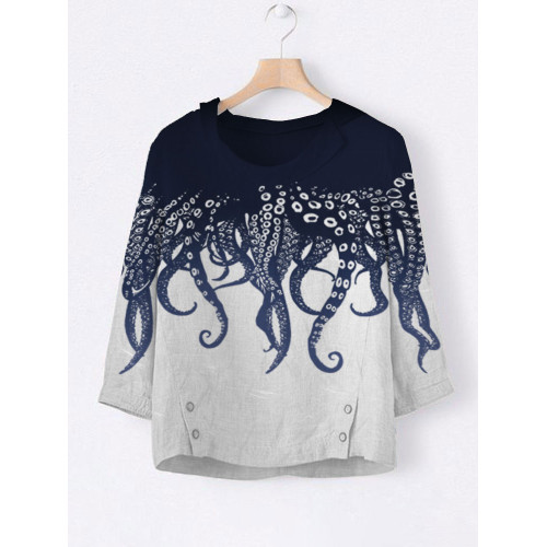 Women's Casual Japanese Art Ocean Octopus Print Top