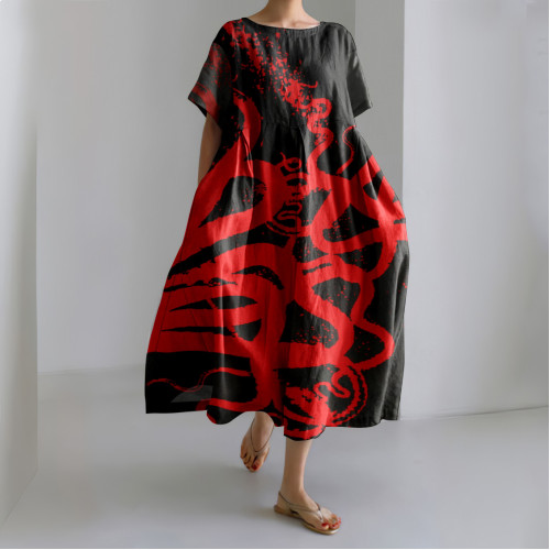 Women's Casual Japanese Art Ocean Red Octopus Print Dress