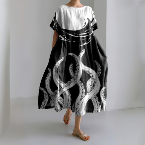 Women's Casual Japanese Ink Ocean Octopus Legs Art Print Dress
