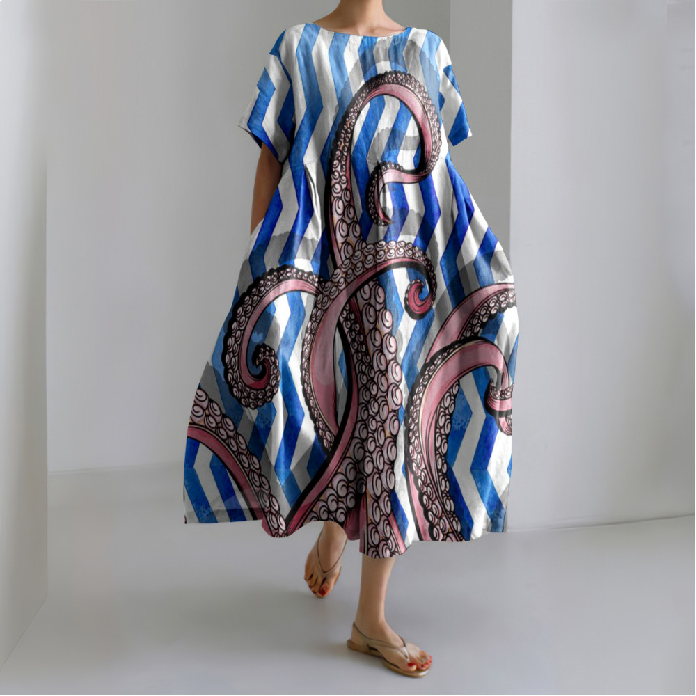 Women's Casual Japanese Ocean Octopus Legs Art Print Dress