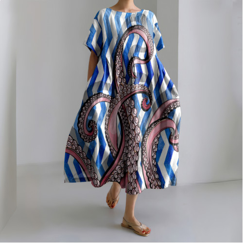 Women's Casual Japanese Ocean Octopus Legs Art Print Dress