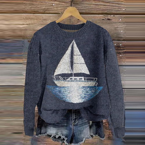 Women's Casual Sailboat Print Knitted Sweater