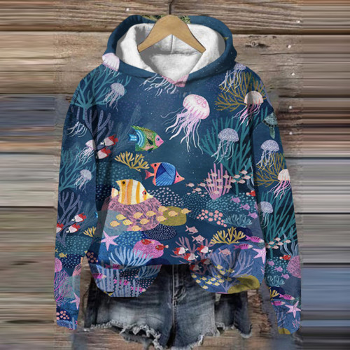Women's Casual Sea Animal Print Long Sleeve Hoodie