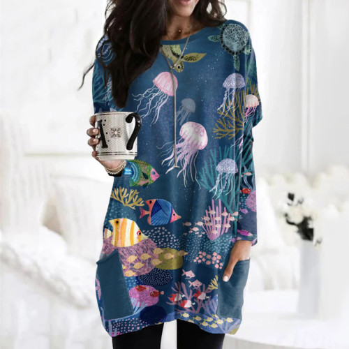 Women's Casual Sea Animal Print Pocket Tunic