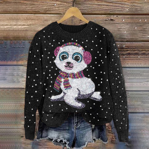 Women's Casual Seal Sequin Print Knitted Sweater