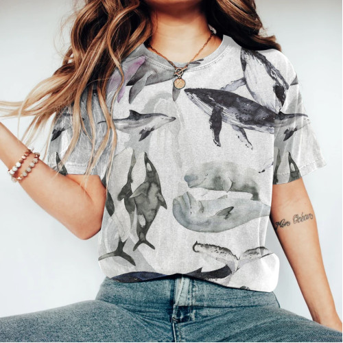 Women's Casual Simple Watercolor Style Fish Print T-Shirt