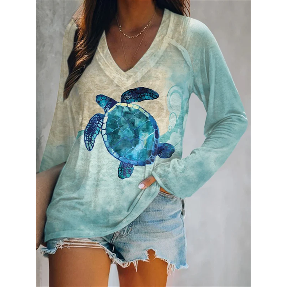 Women's Casual Turtle Print Long Sleeve T-Shirt