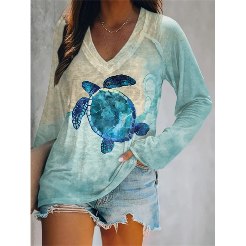 Women's Casual Turtle Print Long Sleeve T-Shirt