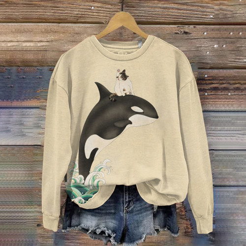 Women's Cat And Whale Print Casual Interest Sweatshirt