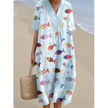 Women's Colorful Fish Pattern Linen Blend Dress