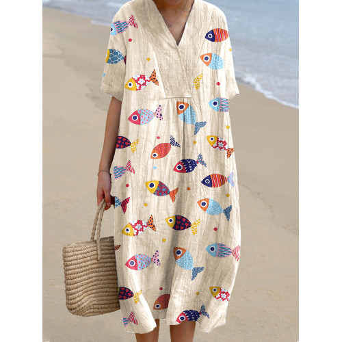 Women's Colorful Fish Pattern Linen Blend Dress