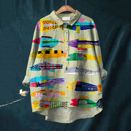Women's Colorful Fish Printed Casual Cotton And Linen Shirt
