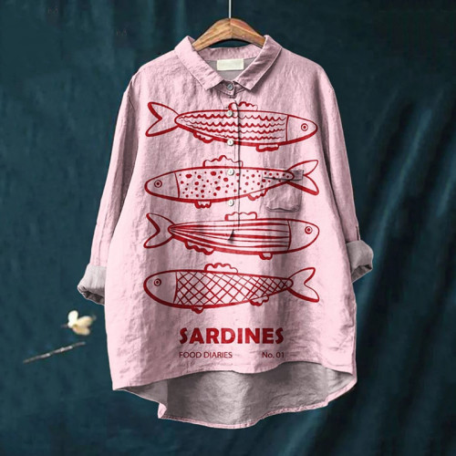 Women's Cute Pink Sardines Print Casual Cotton And Linen Shirt