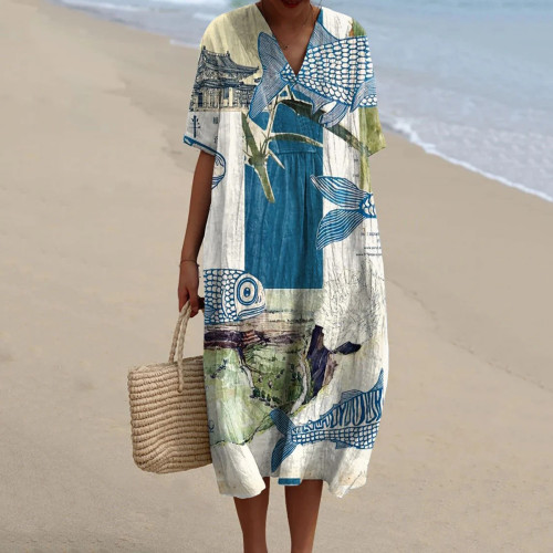 Women's Fish Art Cartoon Pattern Art Print Casual Midi Dress