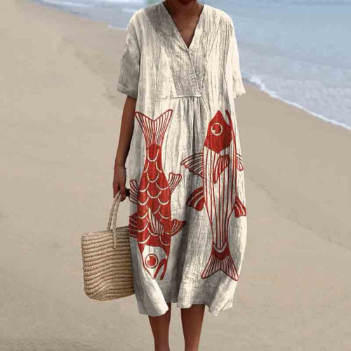Women's Fish Print V-Neck Loose Midi Dress