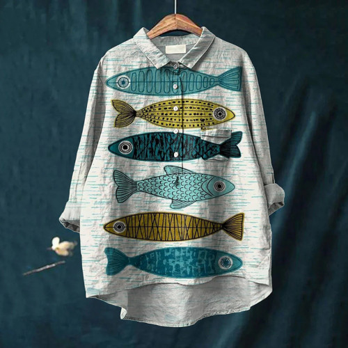 Women's Fish Printed Casual Cotton And Linen Shirt