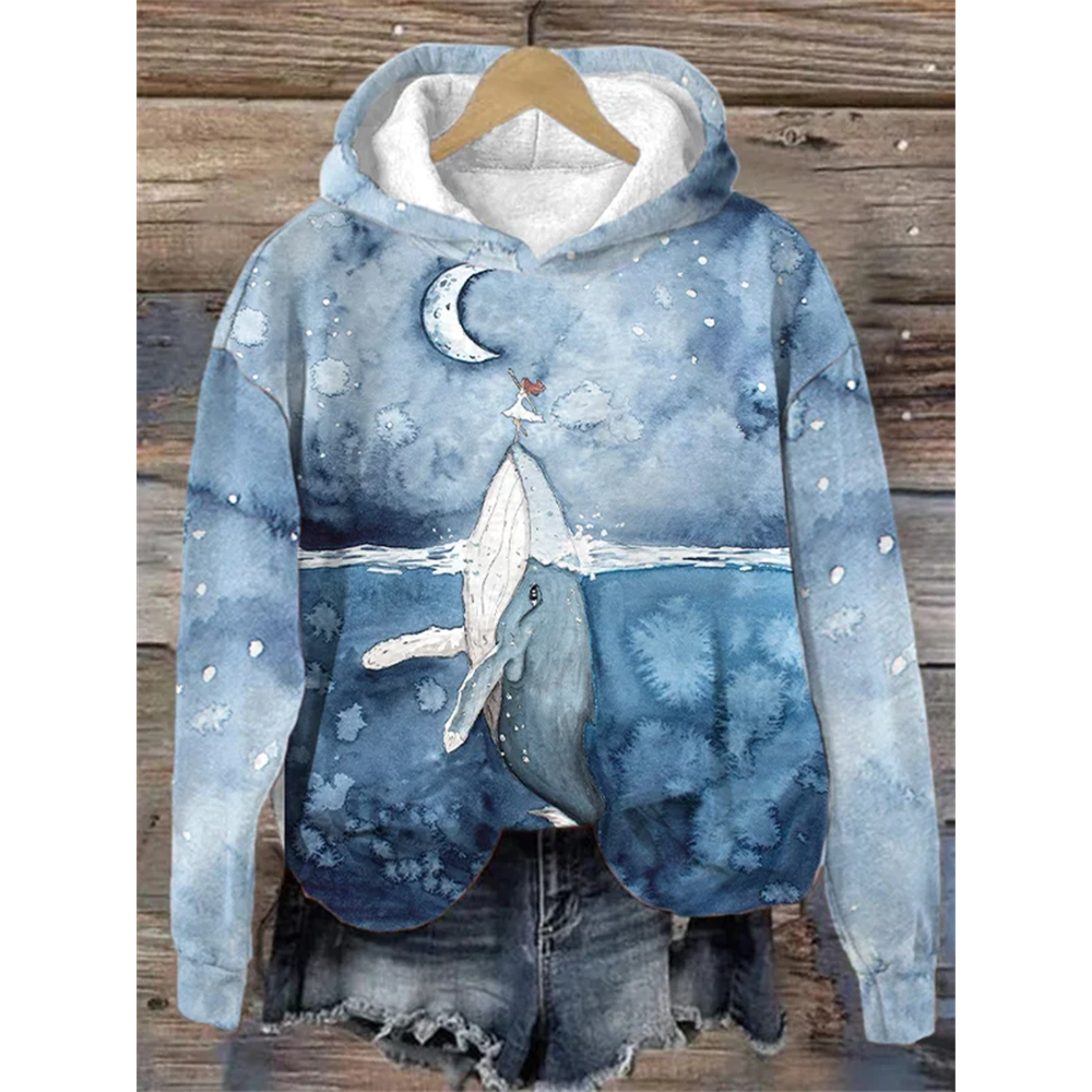 Women's Humpback Whale Print Slouchy Hoodie