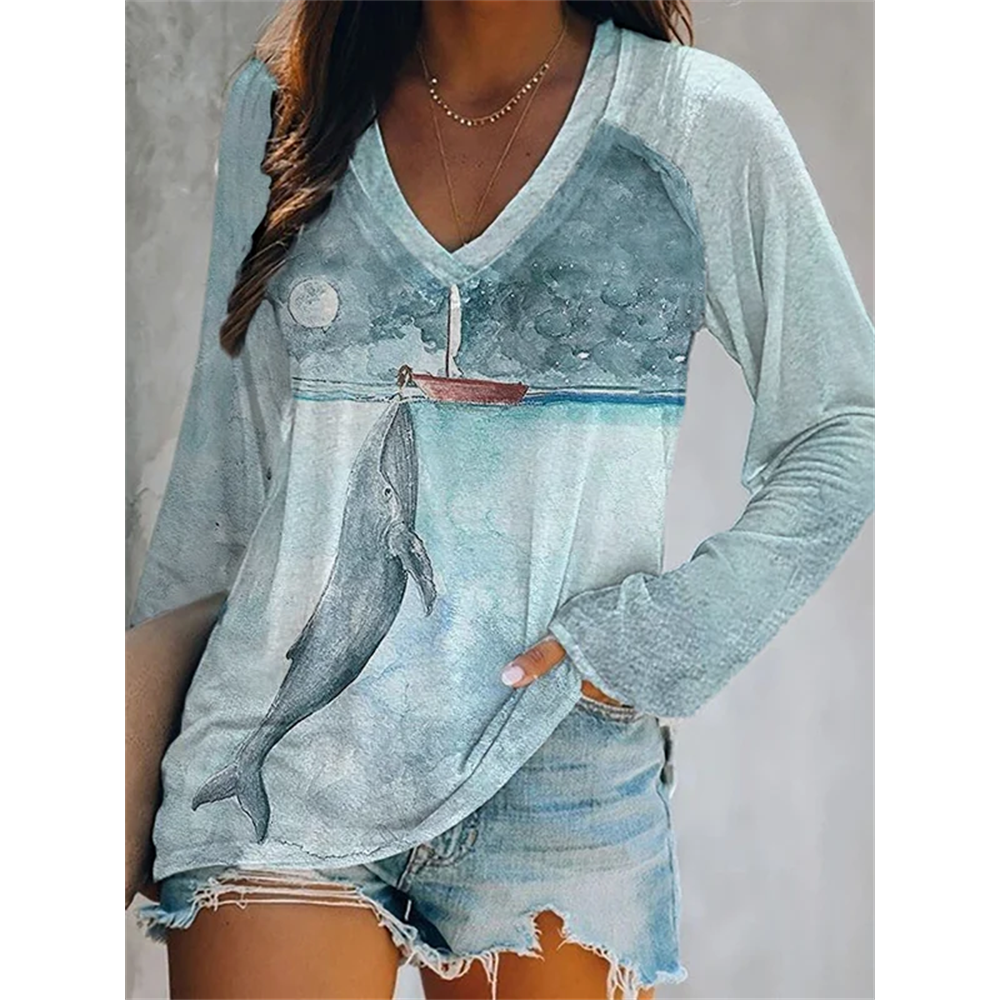 Women's Humpback Whale Printed Casual T-Shirt