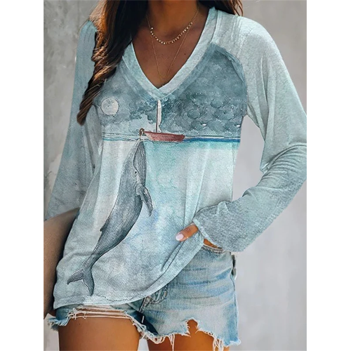 Women's Humpback Whale Printed Casual T-Shirt