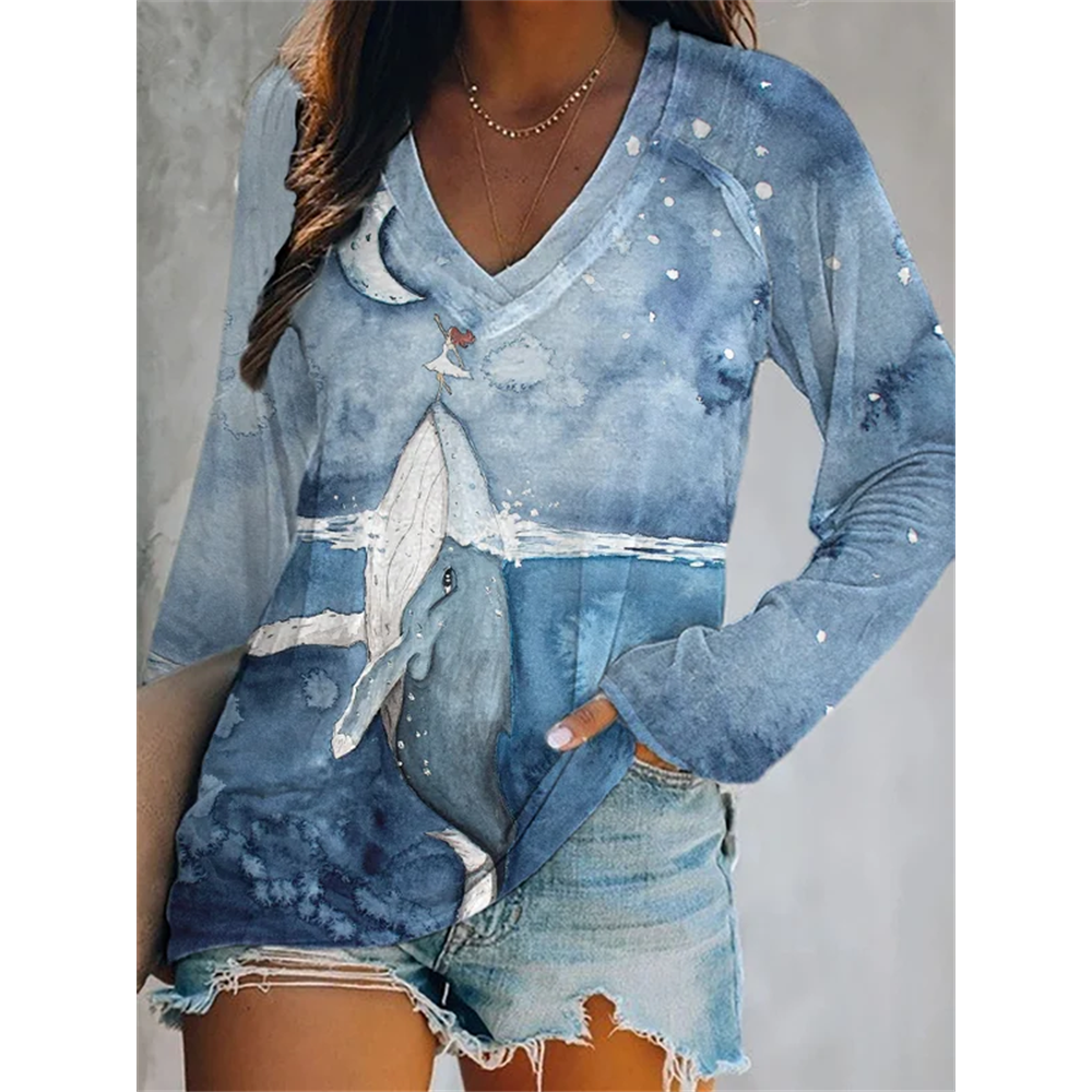 Women's Humpback Whale Printed Casual T-Shirt